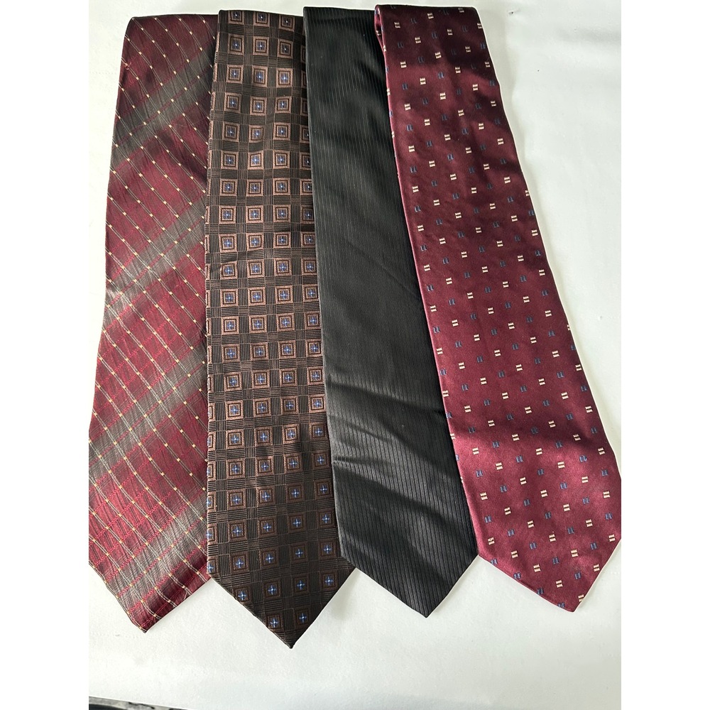 Men Silk Tie Lot 4pc DKNY Perry Ellis Roberto Villini Fabio Fazio Burgundy Black